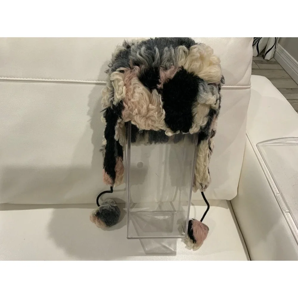 ICING Faux Fur Trapper Hat Ear Flaps Pompoms Black Cream Pink Gray